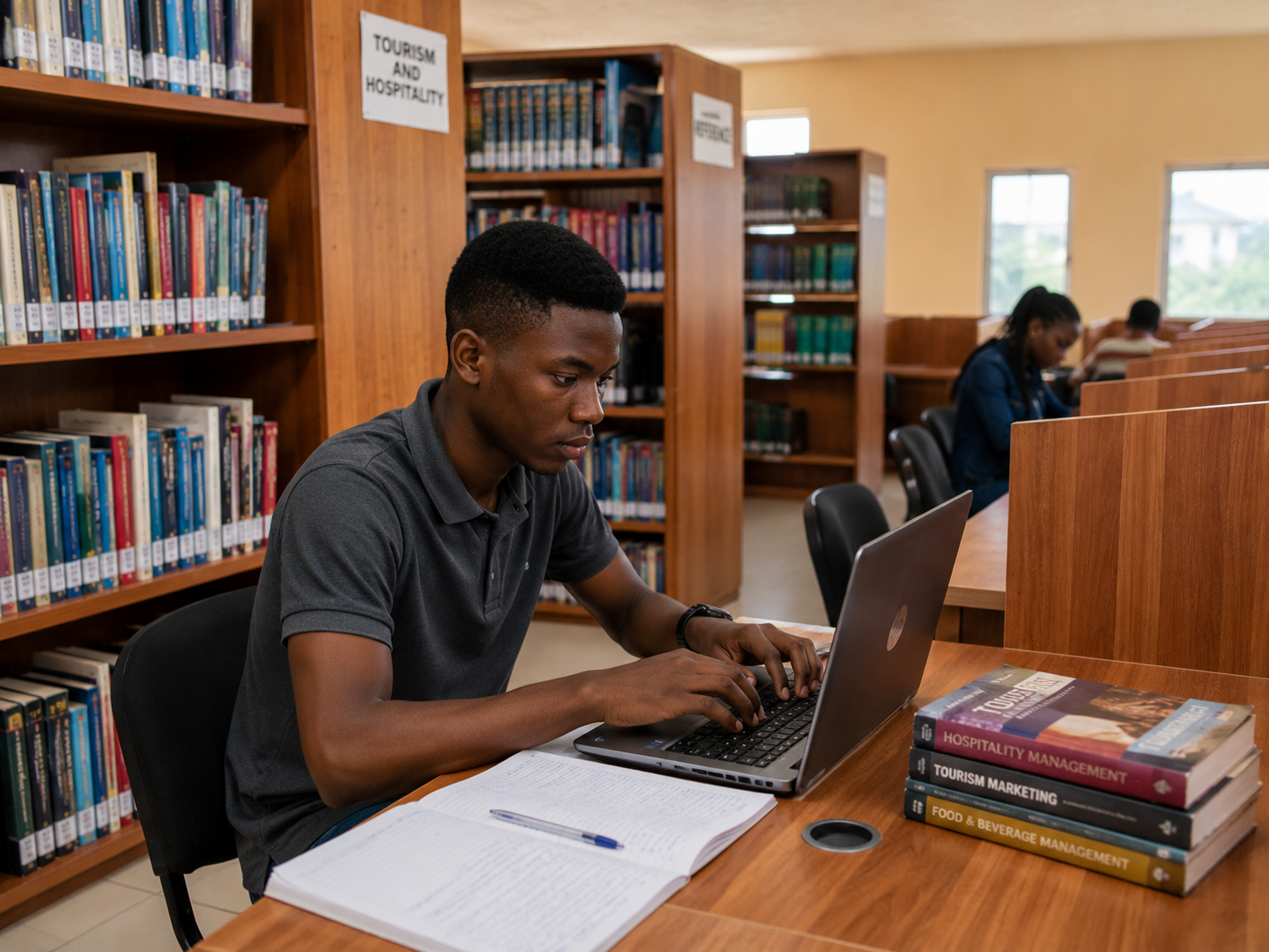 Two students studying together and discussing a book